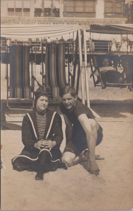 RPPC Postcard Man and Woman in Bathing Suits at the Beach c. 1900s