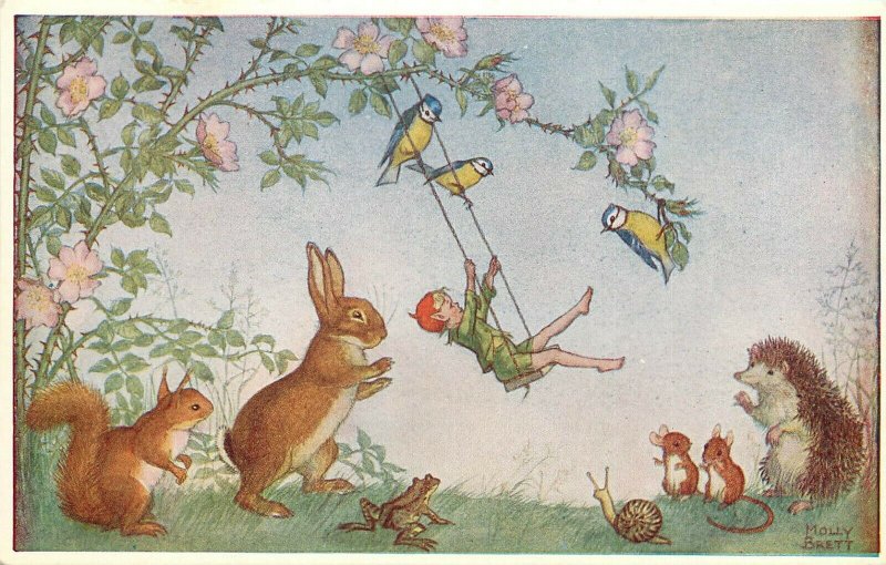 Medici Fantasy Postcard Pk 229 Playtime Molly Brett, Animals Push Fairy on Swing