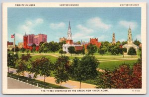 View Of The Three Churches On The Green New Haven Connecticut CT Postcard
