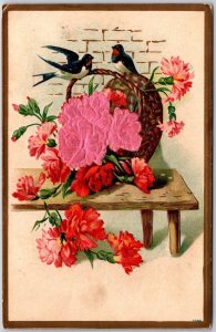 1910's Flower Basket Birds Bordered Greetings & Wishes Card Posted Postcard