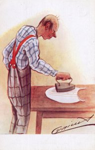 Man Ironing Dinner Jacket Shirt Antique Comic Postcard