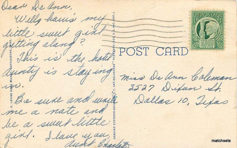 1940s Forest Hotel Hattiesburg Mississippi linen Teich postcard 10937