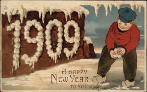 New Year Little Dutch Boy Playing in Snow 1909 Sign Vintage Postcard