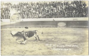 RPPC Bullfighting in Juarez Mexico Kiding the Bull