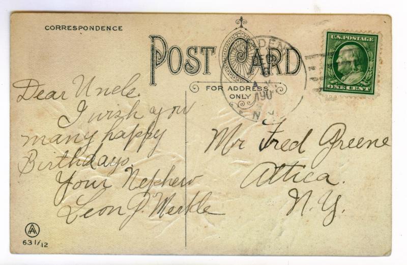 Linden to Attica, New York 1909 used Embossed Birthday Greetings Postcard