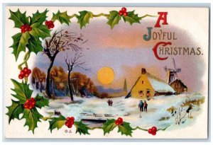 c1910's Christmas Holly Berries House Winter Windmill Embossed Nash Postcard