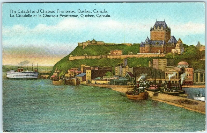 c1930s Quebec City, Canada Citadel & Chateau Frontenac Postcard Steamships A2