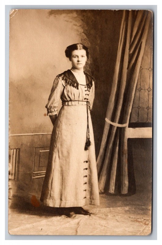 Vintage 1910's RPPC Postcard - Studio Portrait Victorian Woman in Gray Dress