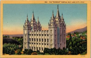 Mormon Temple Salt Lake City Utah UT Sunset Linen Postcard VTG UNP Unused 