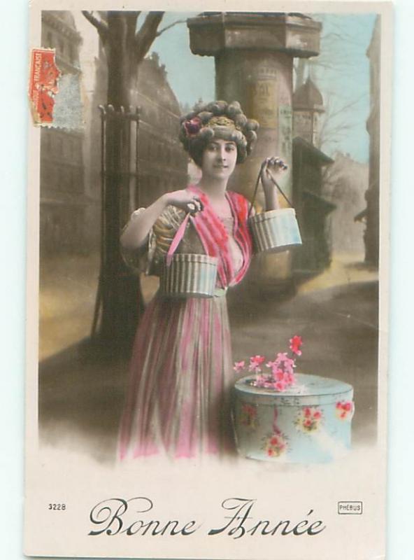 tinted rppc c1910 Fashion WOMAN HOLDING ANTIQUE HAT BOXES FOR HATS AC9187