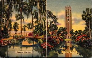 Cypress Gardens SInging Tower WInter Haven Lake Wales Florida Linen Postcard
