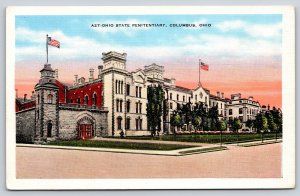Columbus Ohio~State Penitentiary Bldg Street View~US Flag~1940s Linen Postcard
