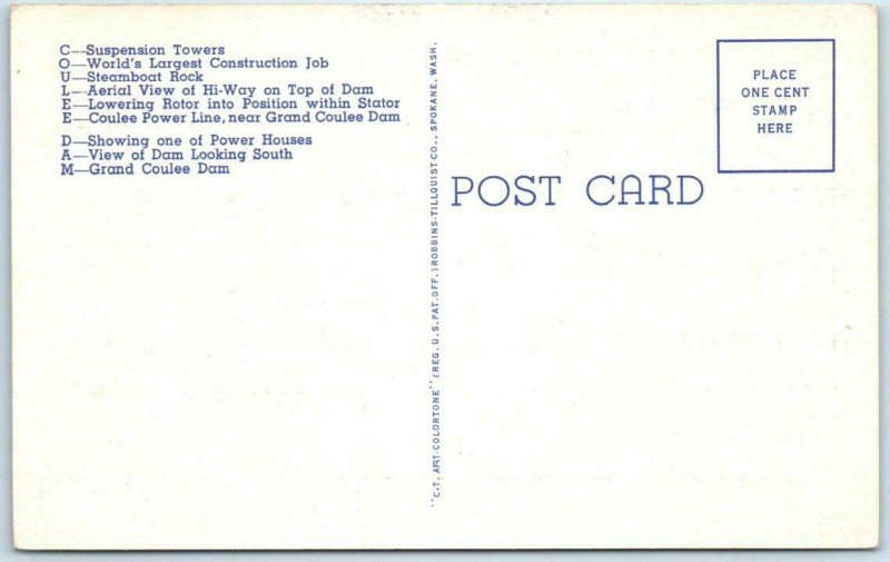 2 Large Letter Linens COULEE DAM, WASHINGTON WA - Curteich, Tichnor  Postcard