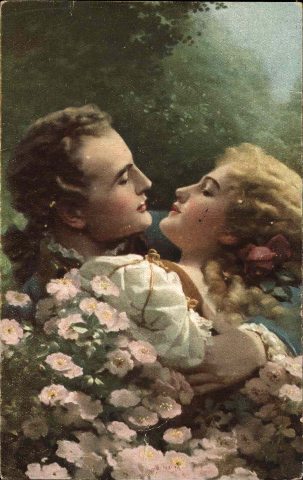 Antique ART NOUVEAU Postcard Romance Couple Kissing Among Flowers