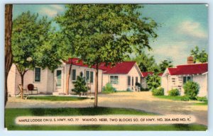 WAHOO, NE Nebraska ~ Roadside MAPLE LODGE c1940s Linen Saunders County Postcard