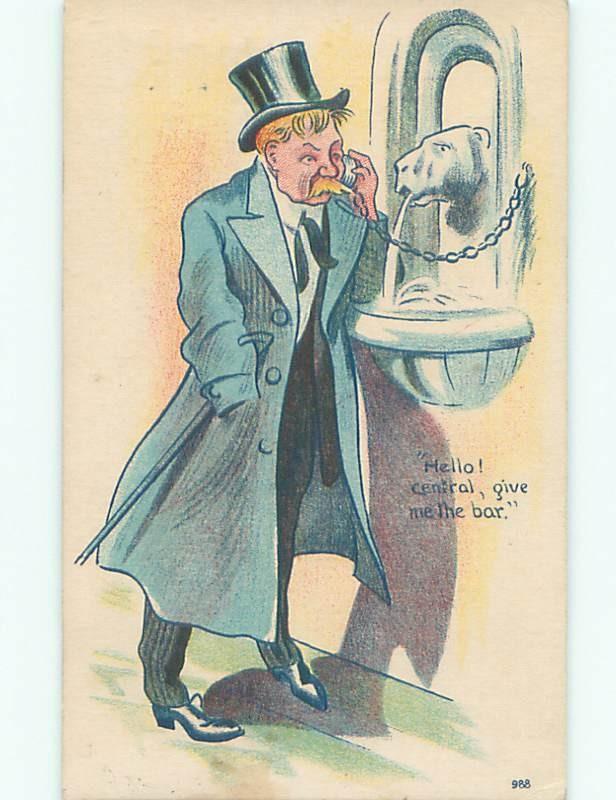 Pre-Linen Comic DRUNK MAN THINKS FOUNTAIN IS TELEPHONE BOOTH AB8808