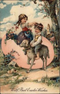 Easter Children Egg Eggshell Sheep Embossed Vintage Postcard