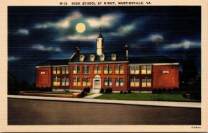 Vtg Martinsville Virginia VA High School Building at Night 1930s Linen Postcard