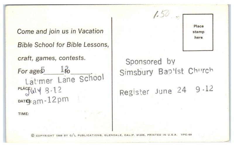 1968 Venture with God into the Unknown, Simsbury Baptist Church, CT Postcard