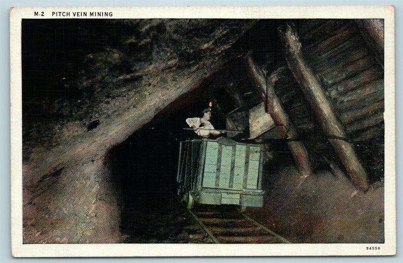  Postcard PA Coal Mine Pitch Vein Mining Miner In Coal Car c1940s U16