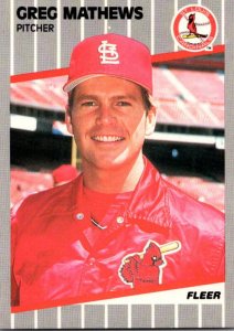 1989 Fleer Baseball Card Greg Mathews Pitcher St Louis Cardinals sun0686