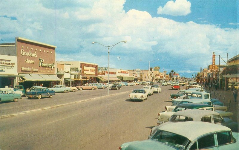 Mesa AZ Looking East on Main St Chrome Postcard, Pomeroy's, Karl's, Apache