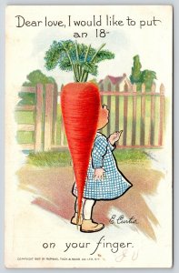 E Curtis~Fantasy Face Carrot Head Girl~18 Carat Ring~TUCK Garden Patch Comic Pun 