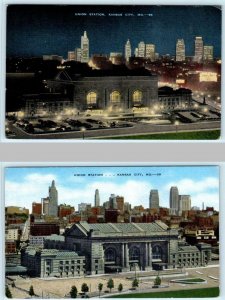 2 Postcards KANSAS CITY, MO ~ Railroad Depot UNION STATION Night/Day c1940s