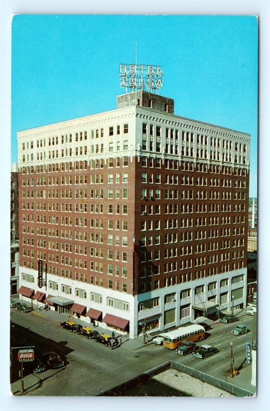 Postcard OK Tulsa Hotel Tulsa Third Street View Airview 1950's Old Cars R72