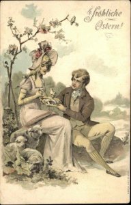 Easter Romance Beautiful Woman Handsome Man Embossed c1910 Postcard