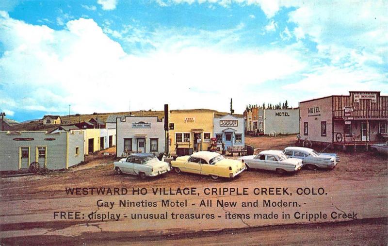Cripple Creek CO Storefronts Westward Ho Village Old Cars Postcard