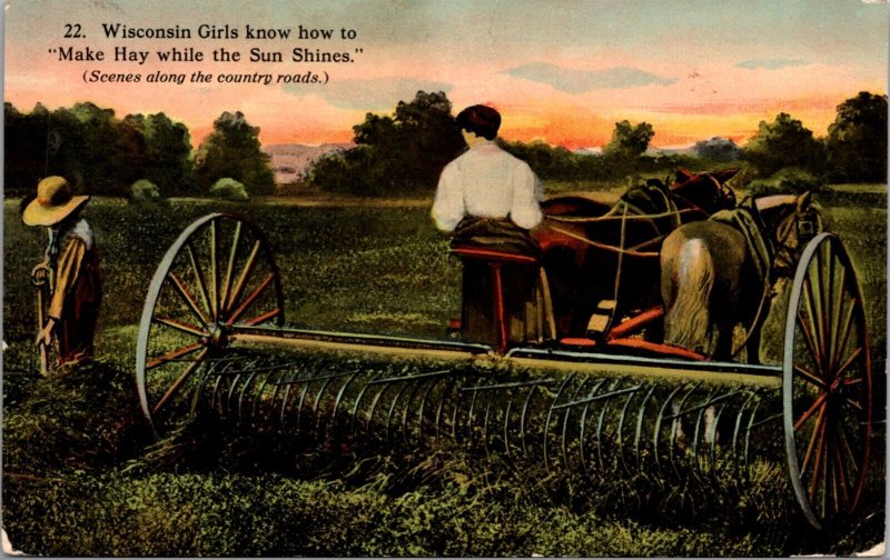 Postcard Horse Pulled Hay Farming Machine in Wisconsin