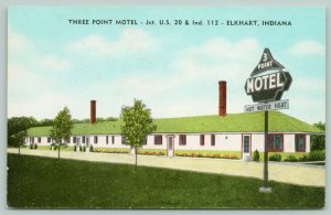 Elkhart Indiana~Three 3 Point Motel~Beisel Bros~Roadside US 20~1950s Postcard 