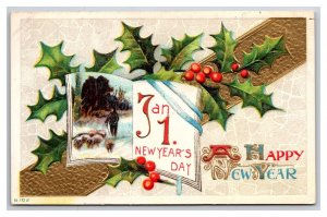 Happy New Year Calendar Holly Gilt Embossed DB Postcard A16