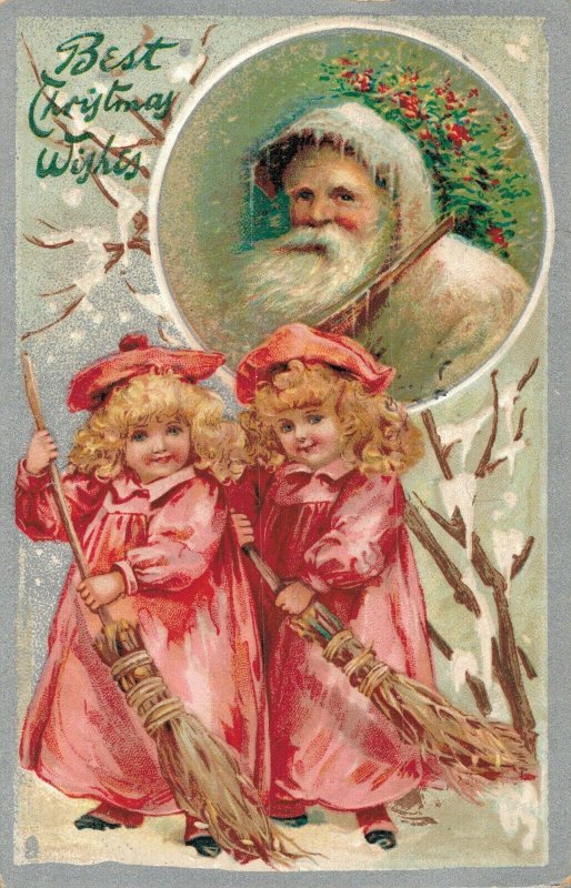 White Santa Claus With Two Girls Embossed Best Christmas Wishes - 1908 04.37