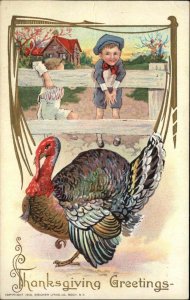 Thanksgiving Children Admire Turkey in Fenced Yard c1910 Vintage Postcard