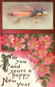 Vintage Postcard For You And Yours A Happy New Year Flower Design Greeting Card