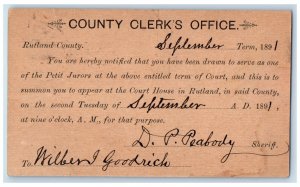1891 County Clerk's Office Wilberg Goodrich Rutland VT Benson VT Postal Card