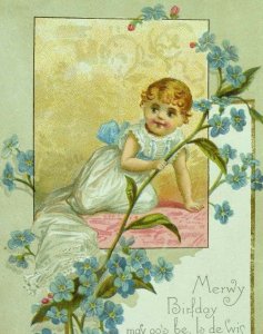 1882 Lovely Merwy Birfday Kids Infant Flowers Victorian Birthday Card *E