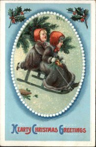 Christmas Little Girls Sledding Holly Border Int'l Art c1910 Vintage Postcard