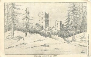 The ruins of Ciceu citadel Romania (ruinele Ciceului) artist postcard