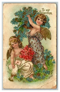 Vintage 1910 Valentine Postcard Cute Angels Gold Wings Dove with Love Letter