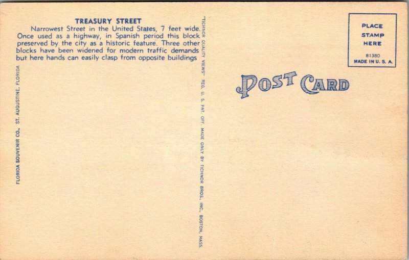 Vtg 1940s Treasury Street Narrowest Street St Augustine Florida FL Postcard