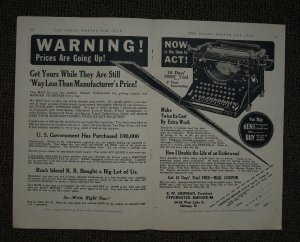1918 2-Page Print Ad Underwood Typewriter No. 4  Prices Are Going Up!