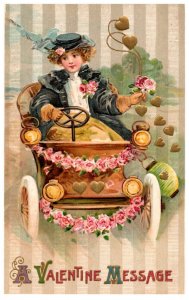 Valentine   Woman driving antique auto