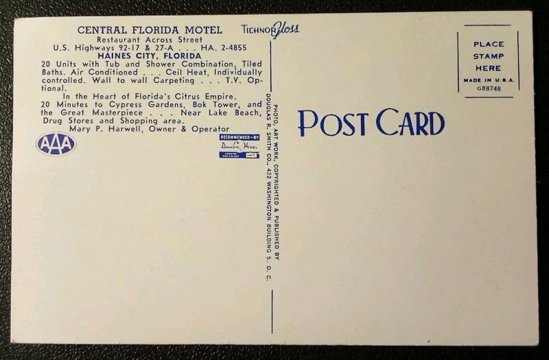 Vintage Postcard FL Haines City Central Florida Motel c1965 Chrome Era Unposted