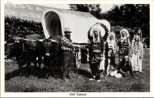 Postcard Old Timers Indian Chief and Family with Ox Pulled Wagon~138888