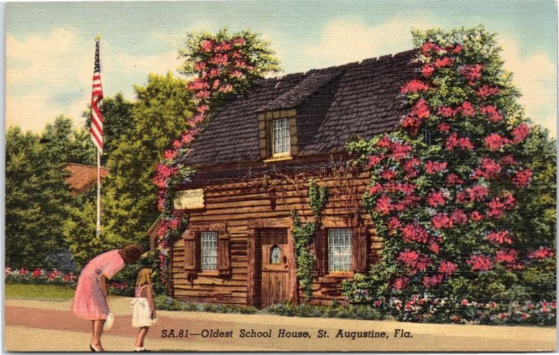 SA.81 - Oldest School House, St. Augustine, Florida Linen postcard woman girl