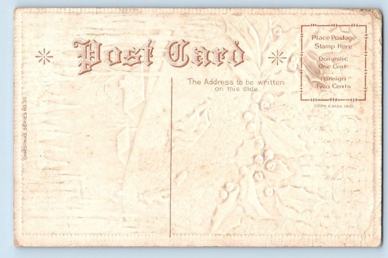 Christmas Postcard Holly Berries Childrens Sledding Winter Embossed Nash c1910's