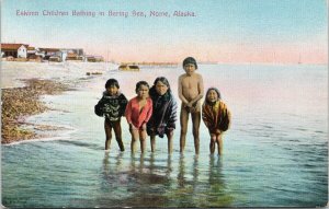 Nome AK Eskimo Inuit Children Bathing in Bering Sea Unused Postcard F34